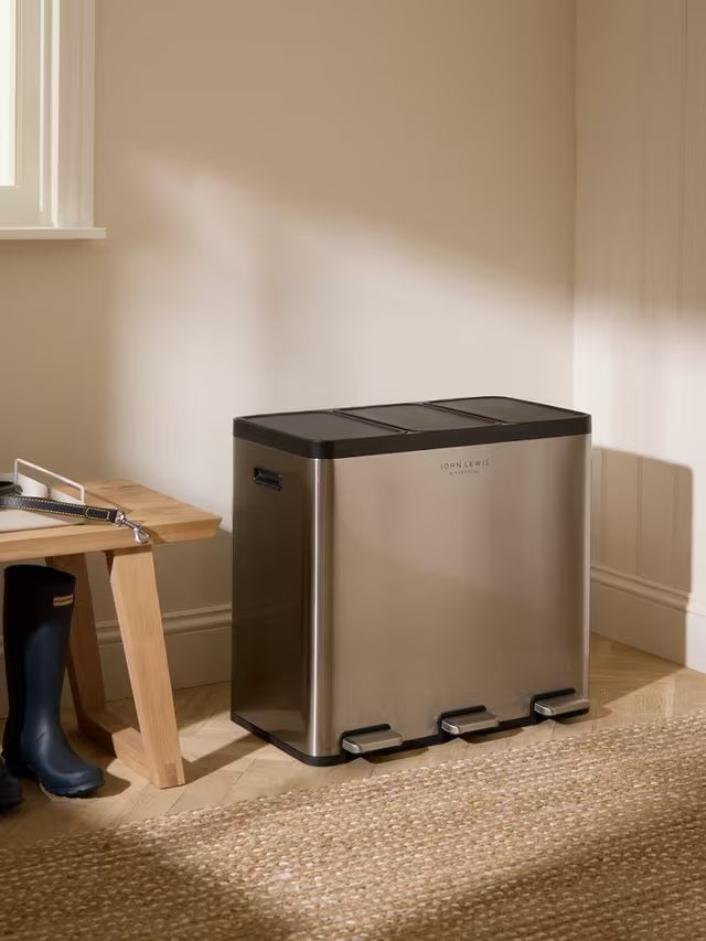 John Lewis 3 Section 60L Recycling Kitchen Waste Pedal Bin - Brushed Steel