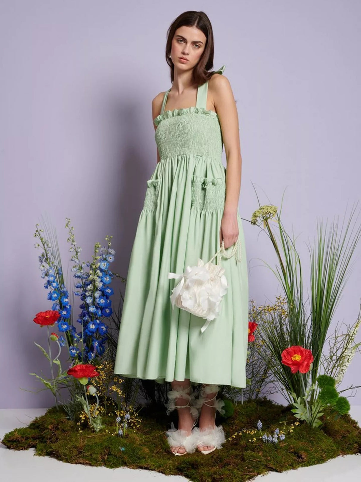 Sister Jane Grassland Smock Ruffle Cross Strap Midi Dress - Green - UK 14