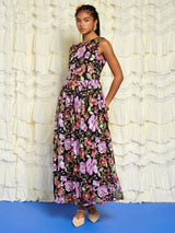 Sister Jane Embellished Floral Open Back Maxi Dress - Black/Pink - UK 12