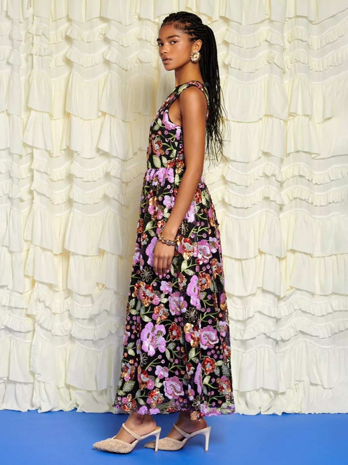 Sister Jane Embellished Floral Open Back Maxi Dress - Black/Pink - UK 12