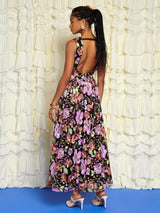 Sister Jane Embellished Floral Open Back Maxi Dress - Black/Pink - UK 12