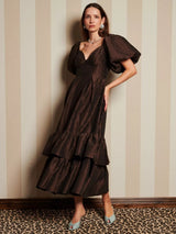 Sister Jane Antique Jacquard Ruffle Puff Sleeve Midi Dress - Brown - UK 14