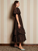 Sister Jane Antique Jacquard Ruffle Puff Sleeve Midi Dress - Brown - UK 14