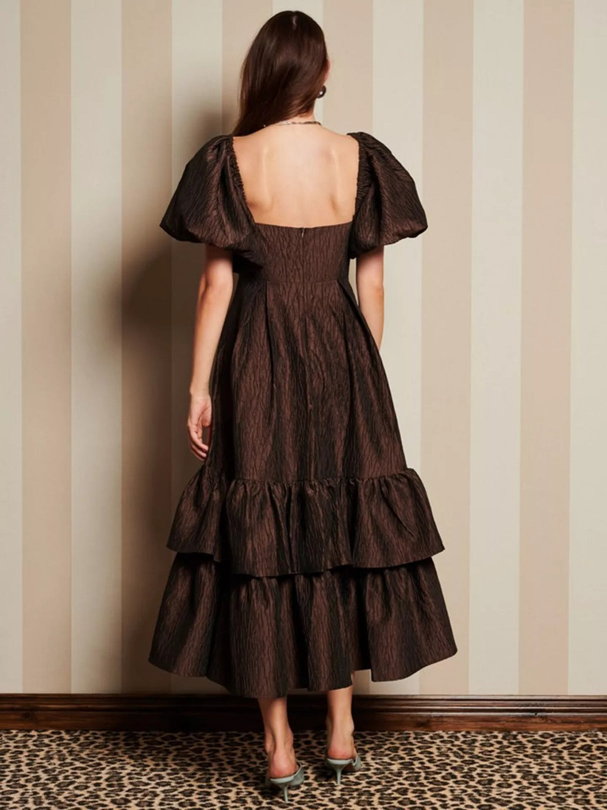 Sister Jane Antique Jacquard Ruffle Puff Sleeve Midi Dress - Brown - UK 14