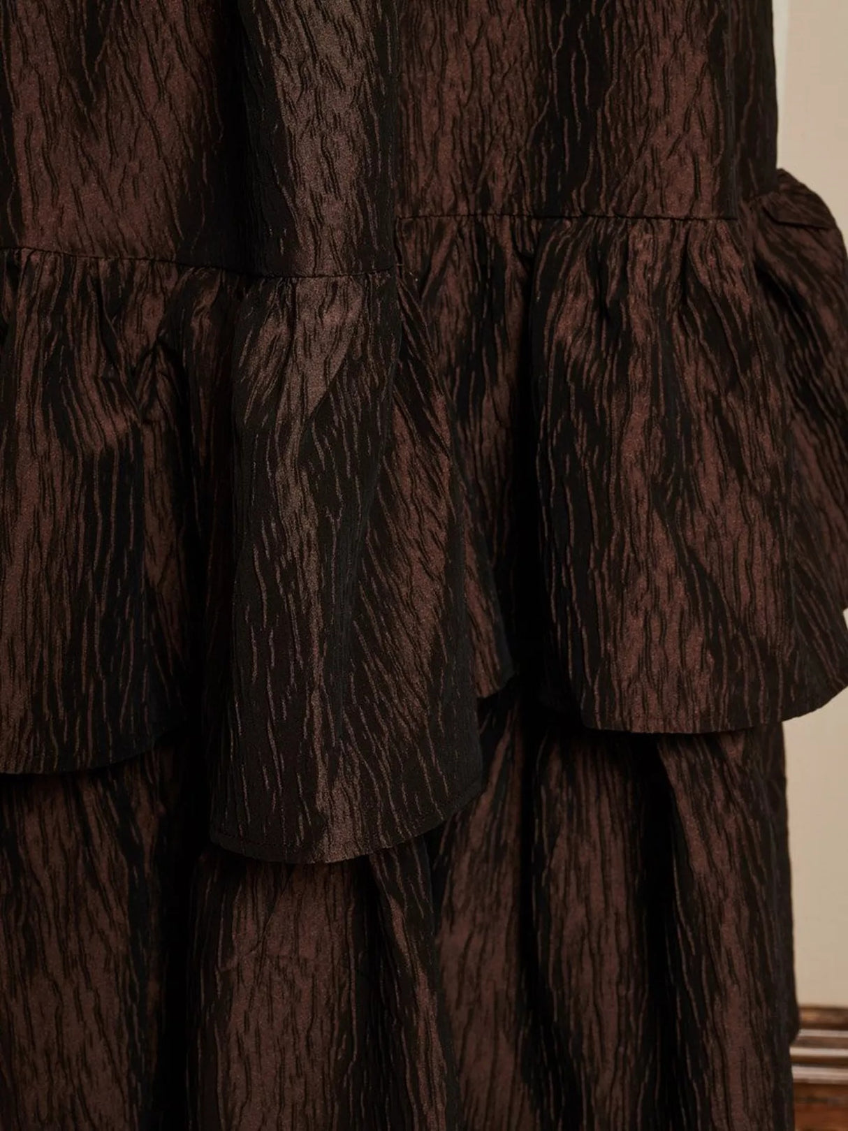 Sister Jane Antique Jacquard Ruffle Puff Sleeve Midi Dress - Brown - UK 14