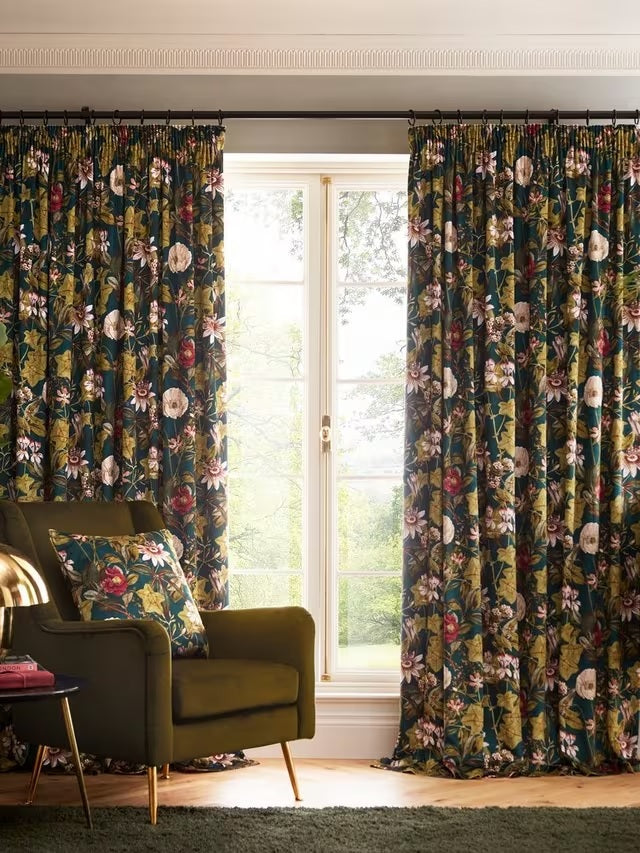 Clarke & Clarke Passiflora Lined Pencil Pleat Curtains 117 x 137cm - Emerald - Kazoop 