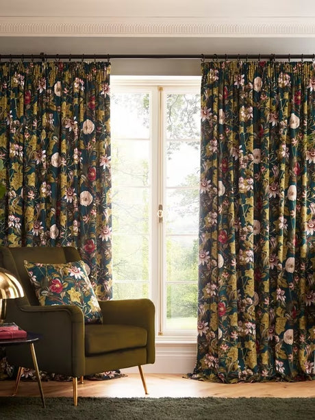 Clarke & Clarke Passiflora Lined Pencil Pleat Curtains 117 x 137cm - Emerald - Kazoop 