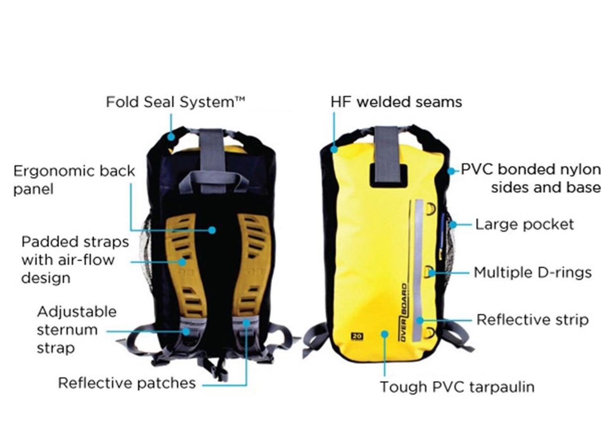 OverBoard 45 Litre Classic Waterproof Backpack with Top Fold Seal - Yellow