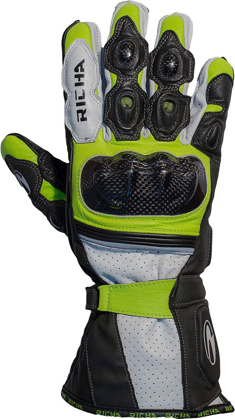 Richa Ravine Leather Vented Motorcycle Bike Black/Yellow Gloves - Size L - Kazoop 