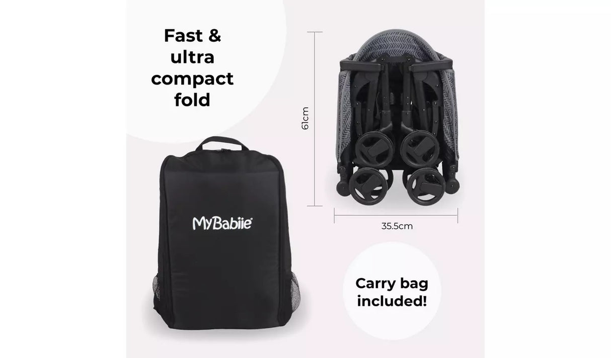 My Babiie MBX5 Dani Dyer Ultra Compact 2 Hand Flat Fold Stroller - Black - Kazoop 