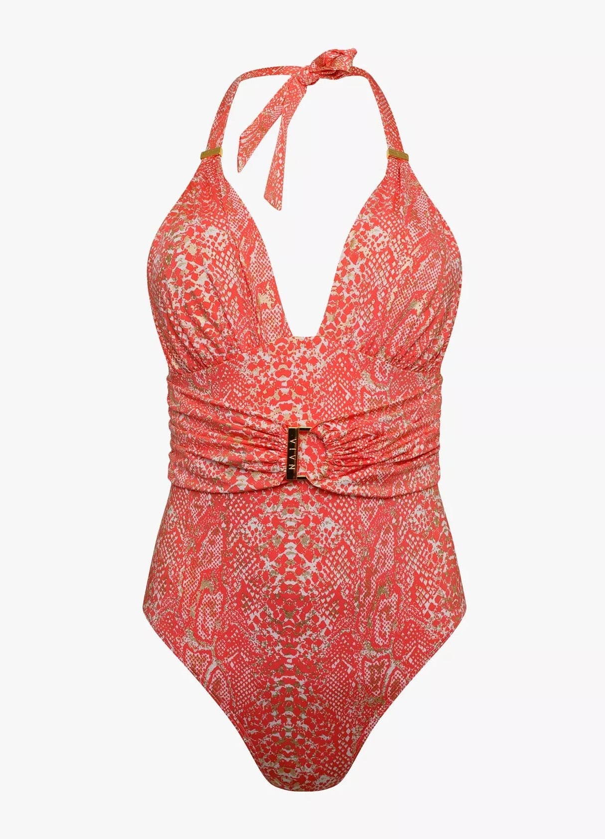 NAIA Beach Goldie Halter Neck One Piece Swimsuit - Sunkissed Coral - UK 14