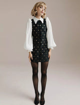 Queens of archive Mari Star Brocade Black/White Baloon Sleeve Mini Dress - M