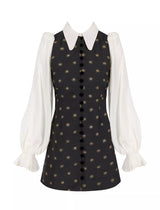 Queens of archive Mari Star Brocade Black/White Baloon Sleeve Mini Dress - M