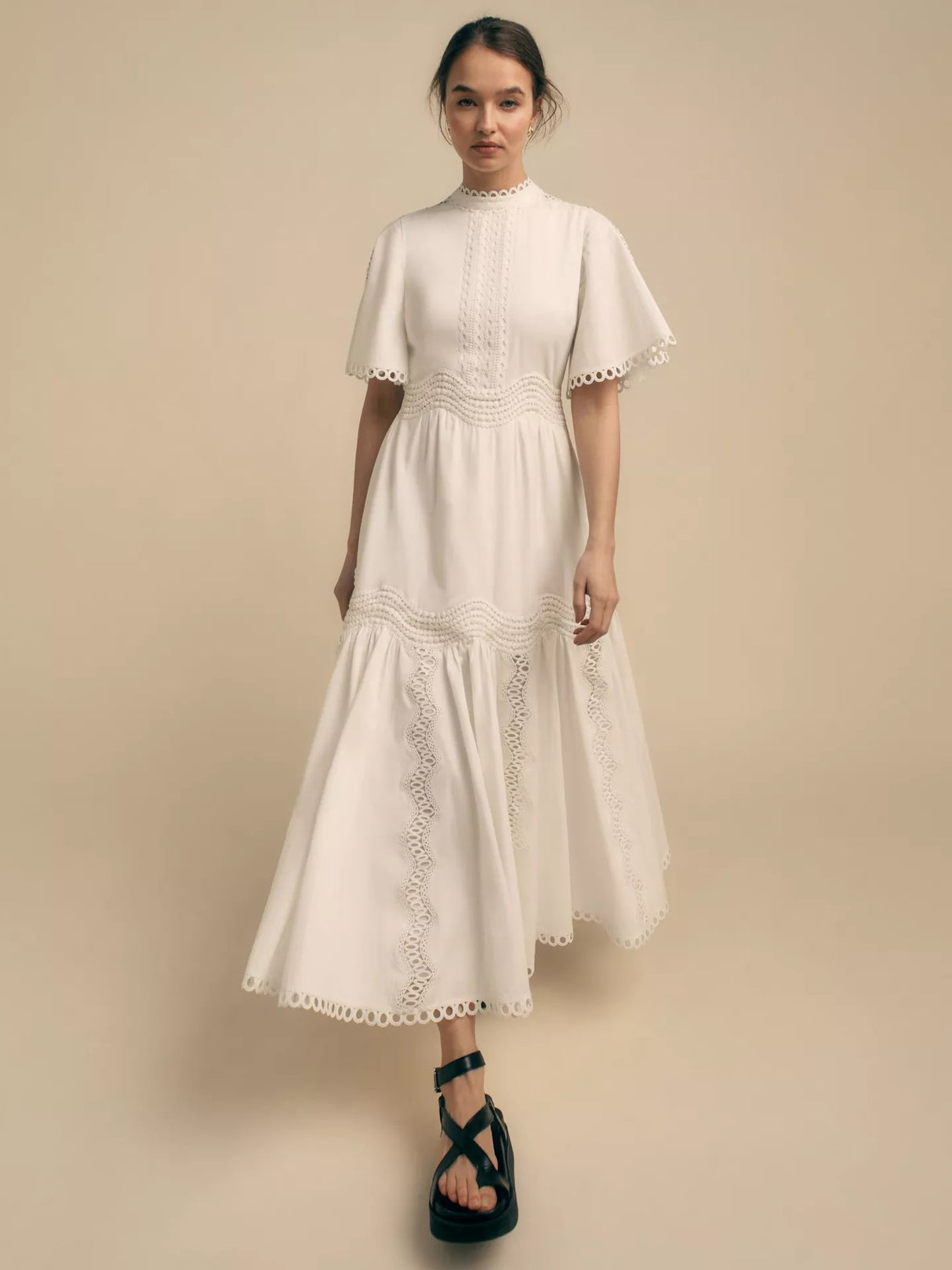 Florere Womens Lace Trim Cotton Short Sleeve Flare Midi Dress White - UK 10
