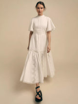 Florere Womens Lace Trim Cotton Short Sleeve Flare Midi Dress White - UK 10