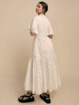 Florere Womens Lace Trim Cotton Short Sleeve Flare Midi Dress White - UK 10