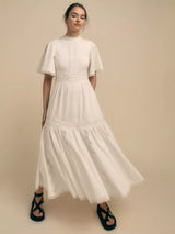 Florere Womens Lace Trim Cotton Short Sleeve Flare Midi Dress White - UK 10