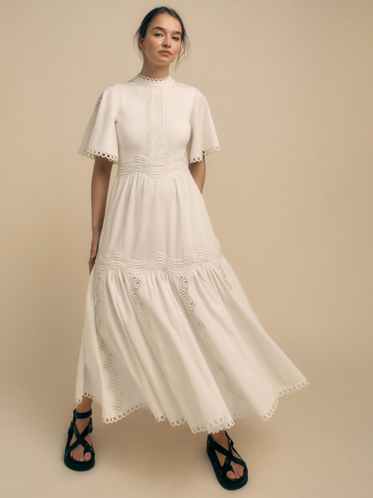 Florere Womens Lace Trim Regular Fit Cotton Midi Dress - White - Size 14