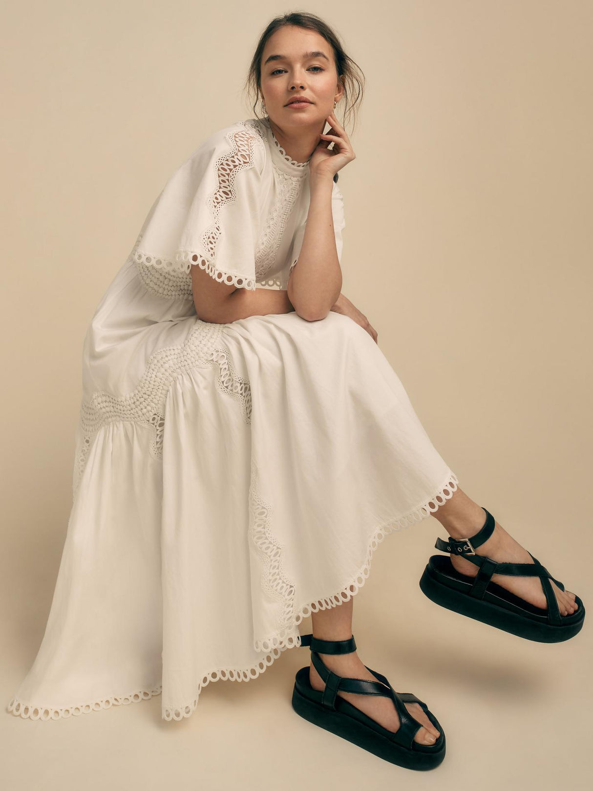 Florere Womens Lace Trim Regular Fit Cotton Midi Dress - White - Size 14