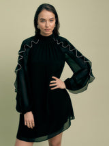 Florere Womens Regular Fit Contrast Ruffle Polyester Mini Dress - 16 - Black