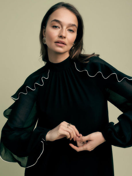 Florere Womens Regular Fit Contrast Ruffle Polyester Mini Dress - 16 - Black