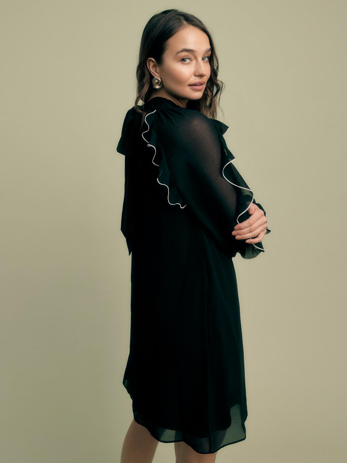 Florere Womens Regular Fit Contrast Ruffle Polyester Mini Dress - 16 - Black