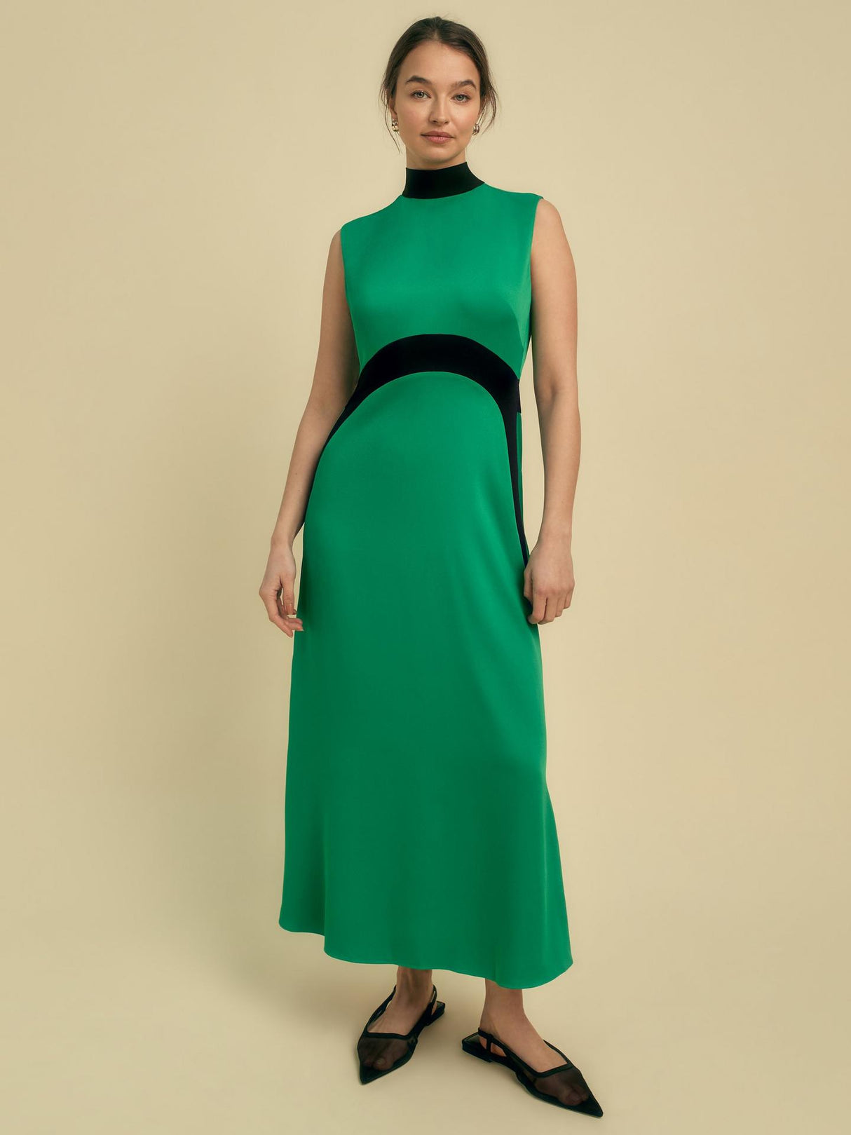 Florere Sleeveless Viscose Colour Block Satin Midi Dress Green/Black Size 12