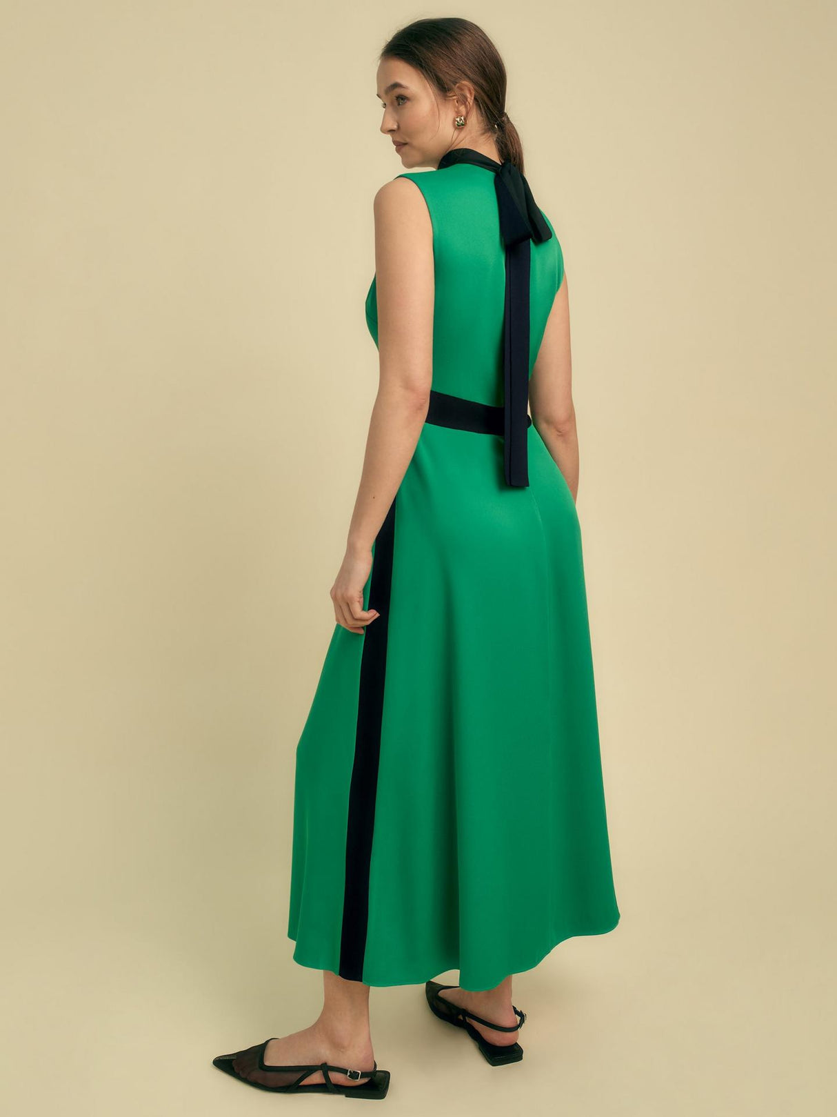 Florere Sleeveless Viscose Colour Block Satin Midi Dress Green/Black Size 12