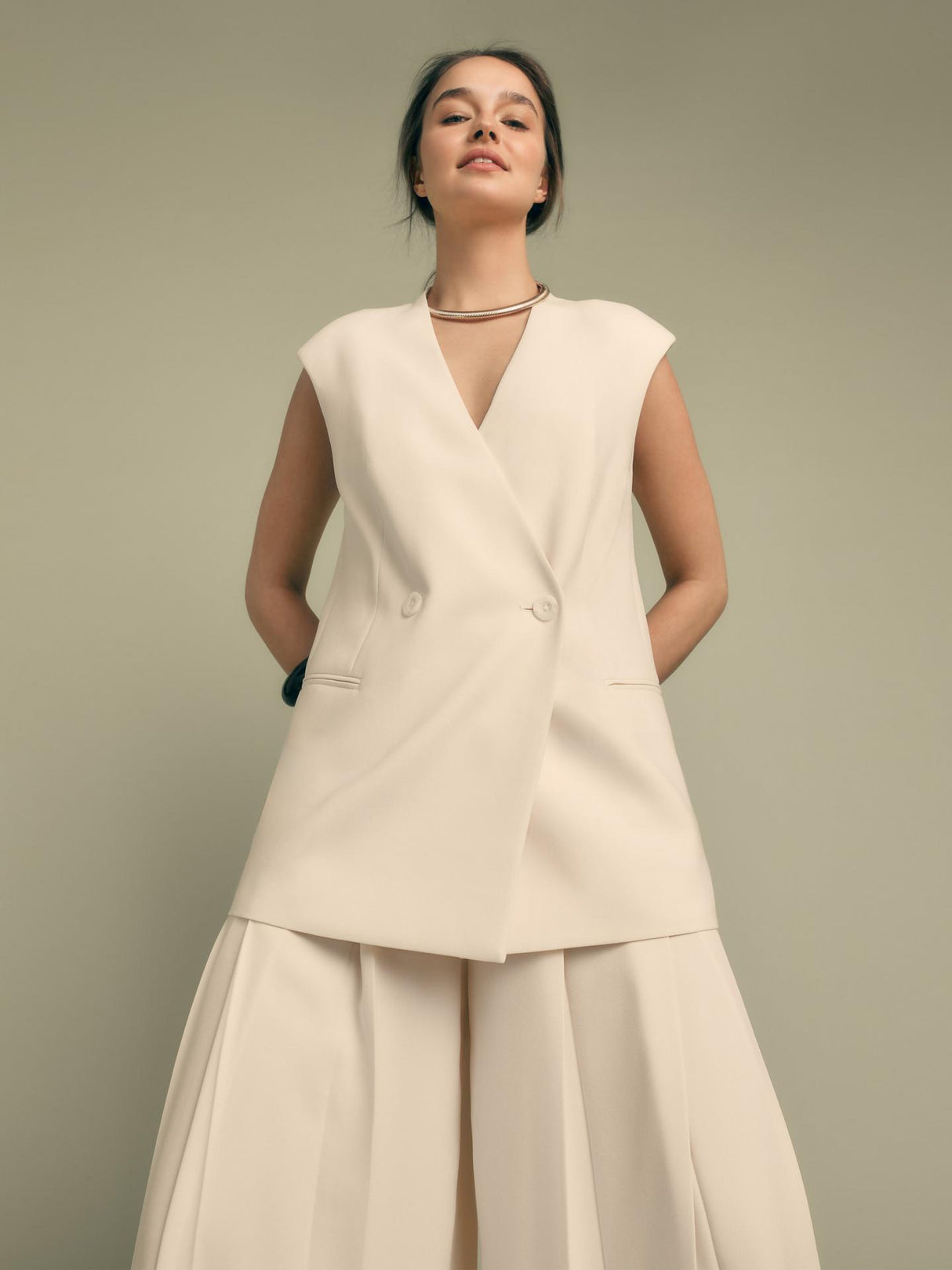 Florere Womens Double Breasted V-Neck Longline Waistcoat Cream - Size 14