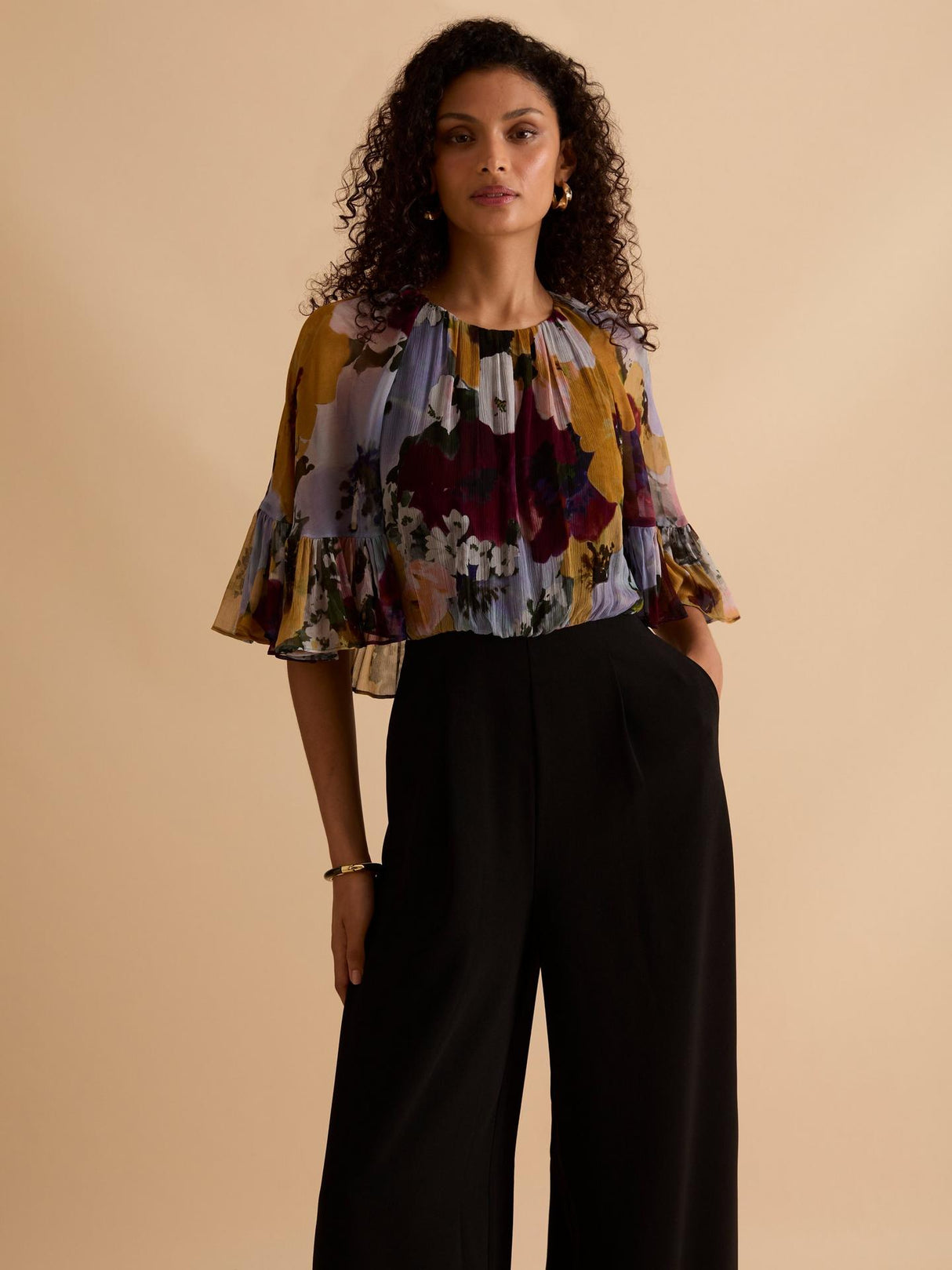 Florere Womens Floral Print Ruffle Cape Viscose Jumpsuit Multi/Black Size 16