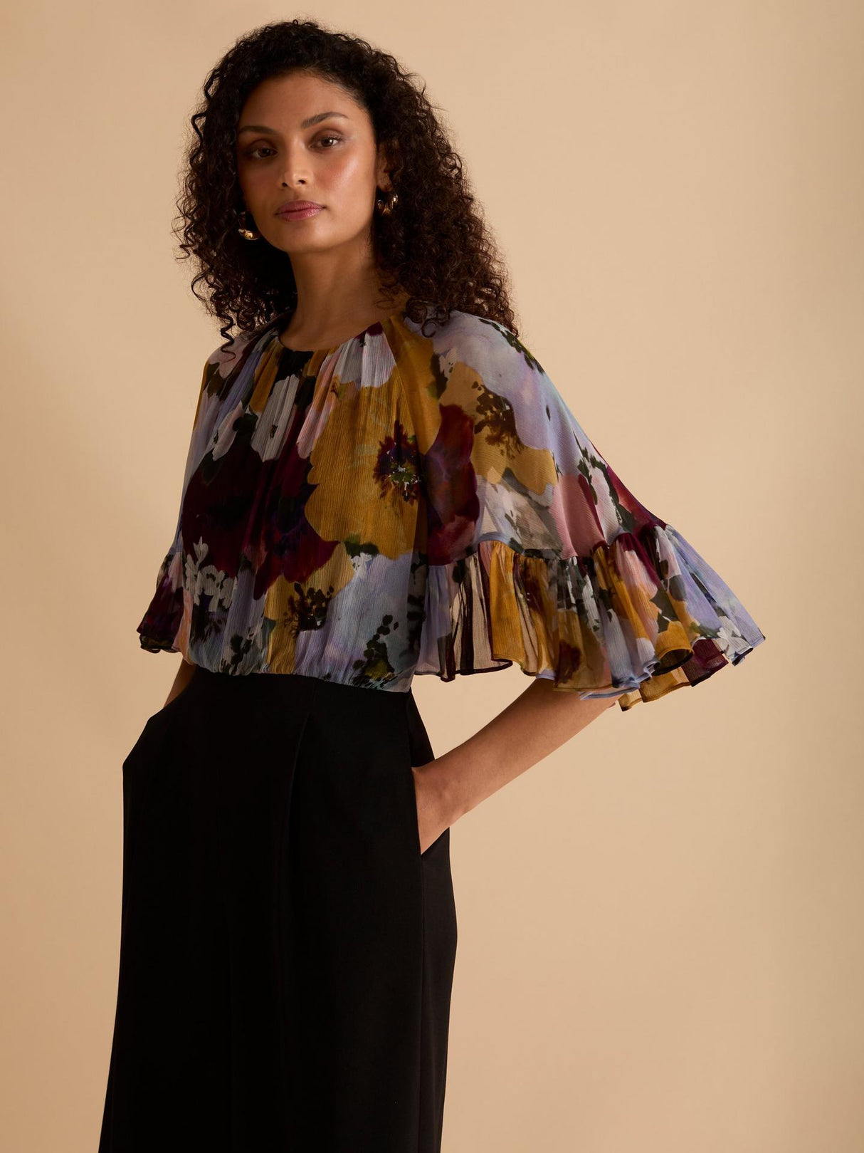 Florere Womens Floral Print Ruffle Cape Viscose Jumpsuit Multi/Black Size 16