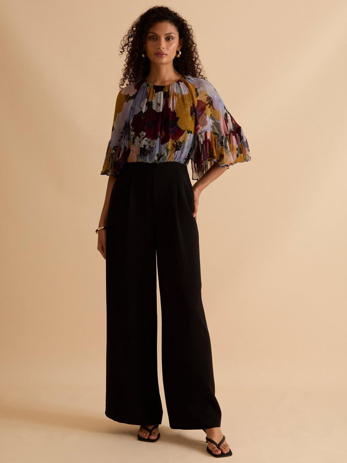 Florere Womens Floral Print Ruffle Cape Viscose Jumpsuit Multi/Black Size 16