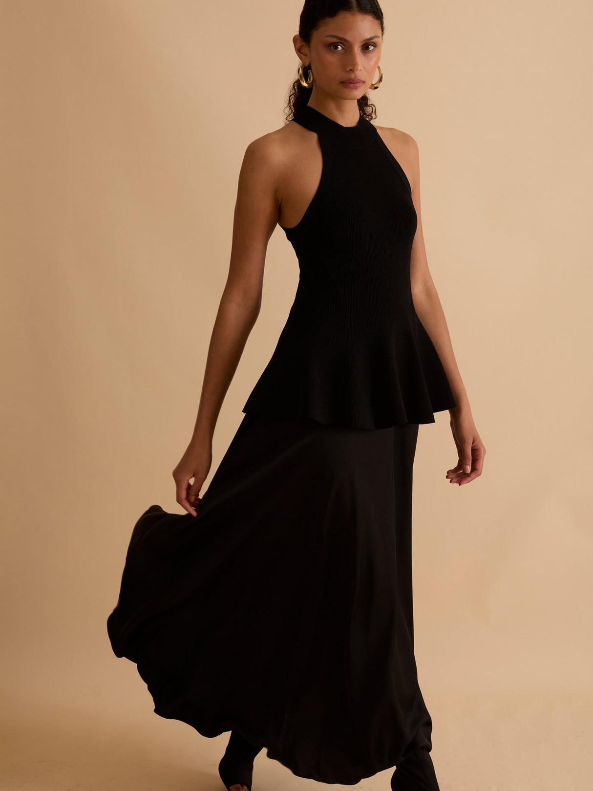 Florere Womens Regular Fit Knitted Halterneck Satin Skirt Dress 10 - Black