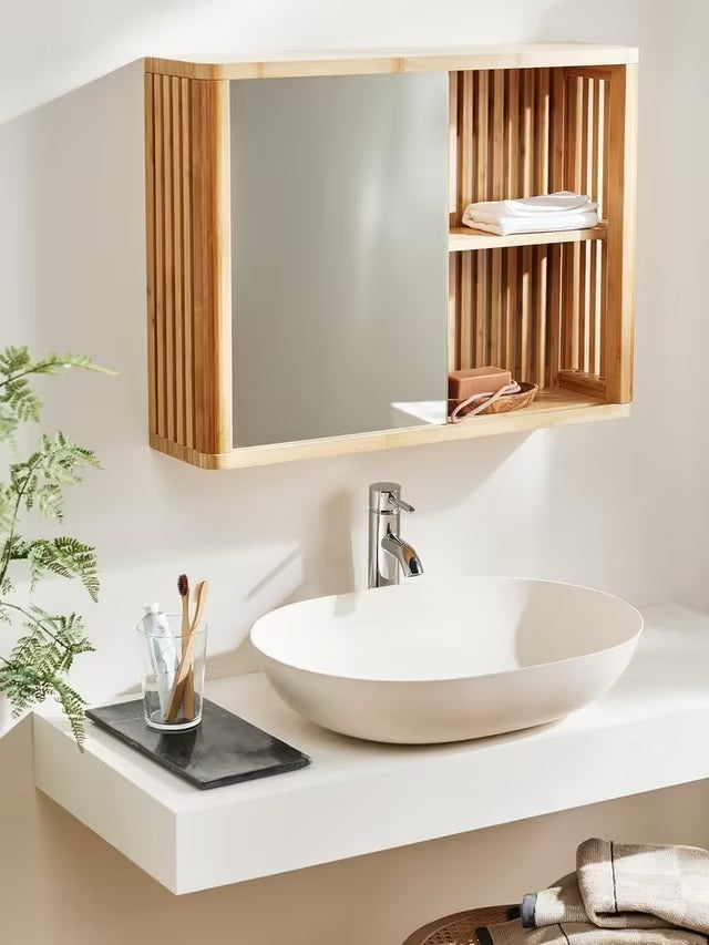 John Lewis Mirrored Slatted Bamboo 1 Shelf Bathroom Wall Cabinet - Natural