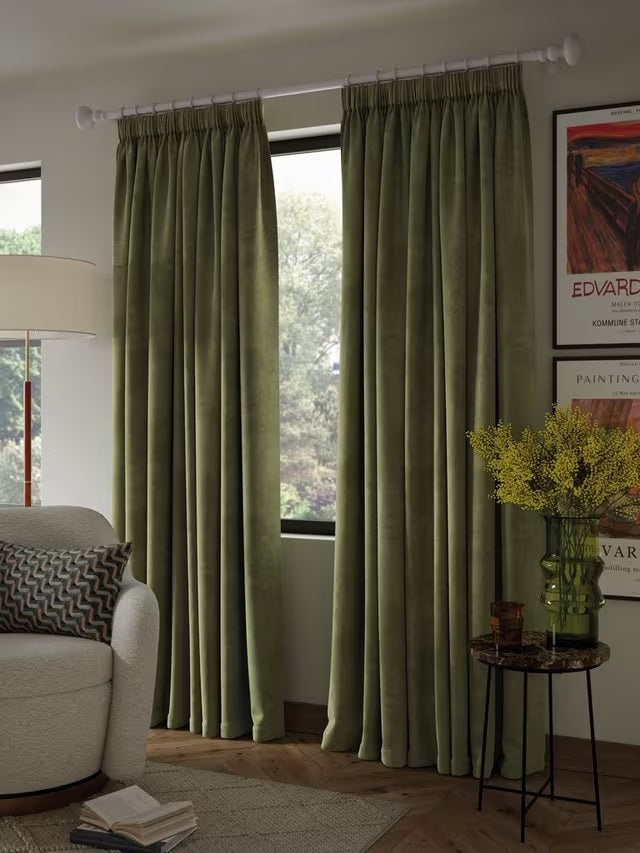 John Lewis Velvet Pair Lined Pencil Pleat Curtains 228 x 274cm - Avocado
