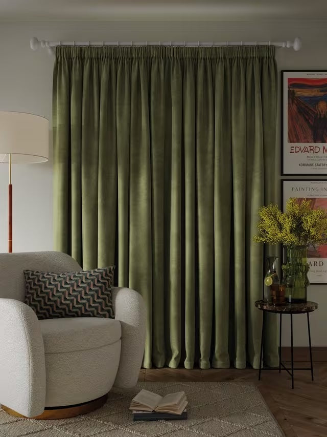John Lewis Velvet Pair Lined Pencil Pleat Curtains 228 x 274cm - Avocado