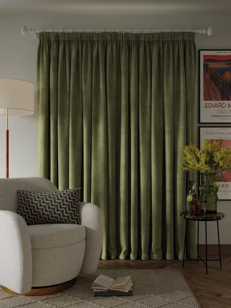 John Lewis Velvet Pair Lined Pencil Pleat Curtains 228 x 274cm - Avocado