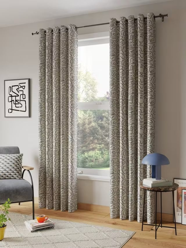 John Lewis Scribble Print Pair Lined Eyelet Curtains 228 x 228cm - Graphite