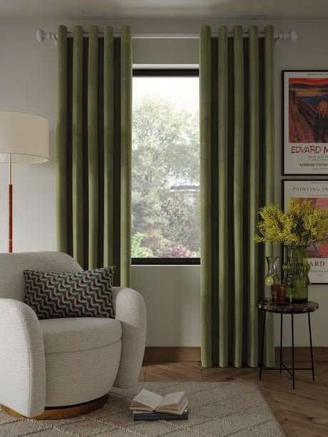 John Lewis Polyester Velvet Pair Lined Eyelet Curtains 228 x 228cm - Avocado