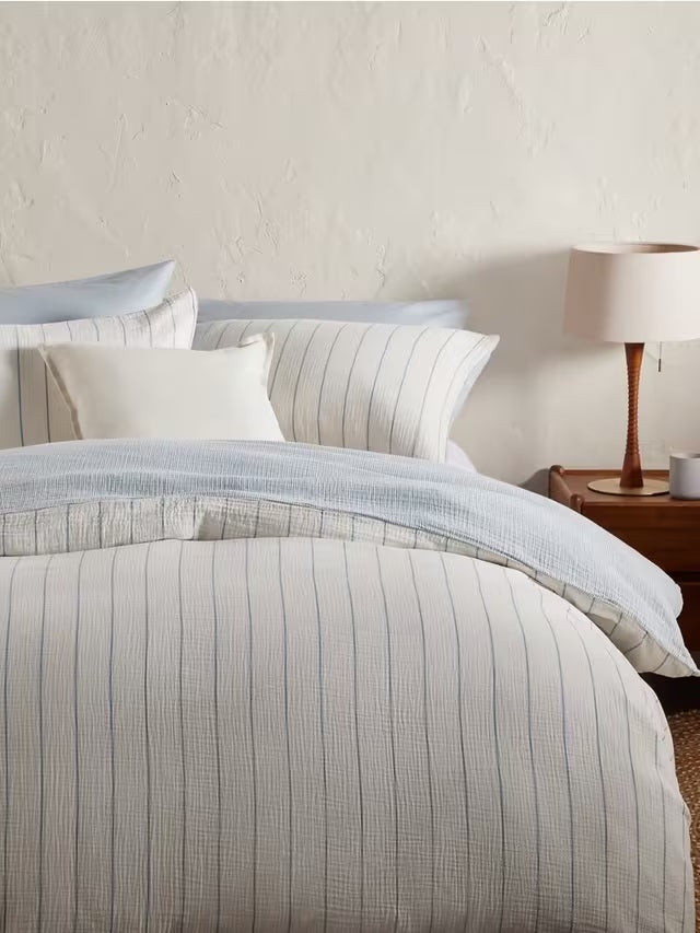 John Lewis Gauze Reversible Stripe Cotton Super King Duvet Cover - Blue