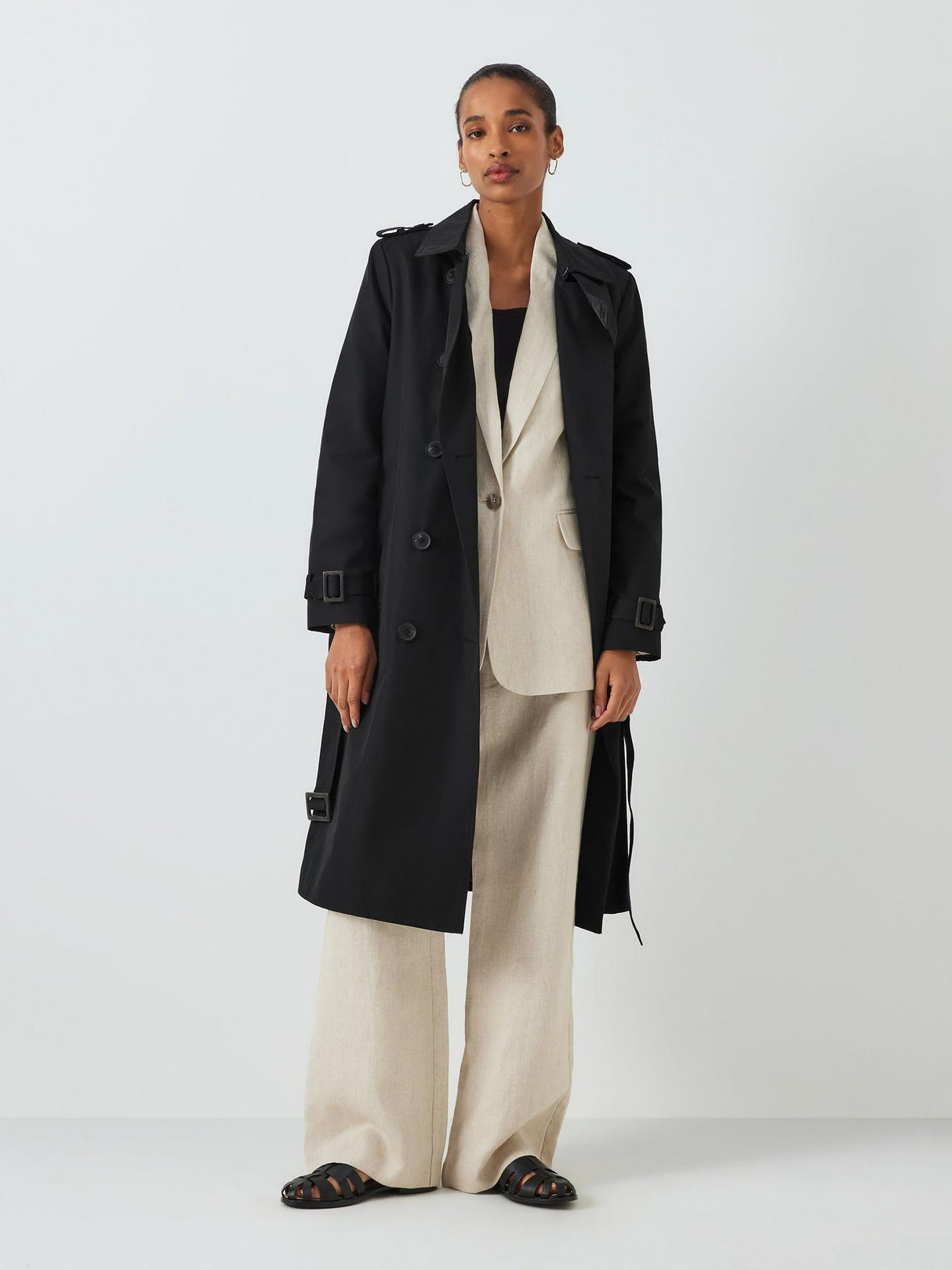 John Lewis Womens Plain Long Sleeve Button Trench Coat - Black - Size 20