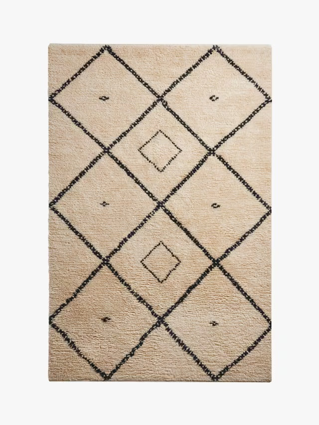 MADE Mona Geometric Diamond Shaggy Wool Blend Rug 170 x 120cm - White/Black - Kazoop 