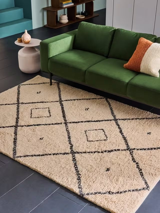 MADE Mona Geometric Diamond Shaggy Wool Blend Rug 170 x 120cm - White/Black - Kazoop 