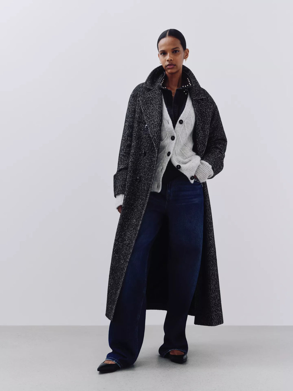 AND/OR Women's Raya Herringbone Classic Longline Coat - Charcoal - Size 16