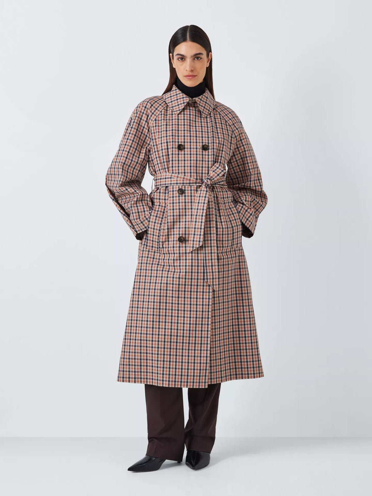 John Lewis Women's Fluid Check Classic Longline Trench Coat - Multi - UK 10