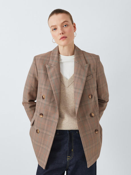 John Lewis Womens Check Double Breasted Cotton Blend Blazer Natural Check 12