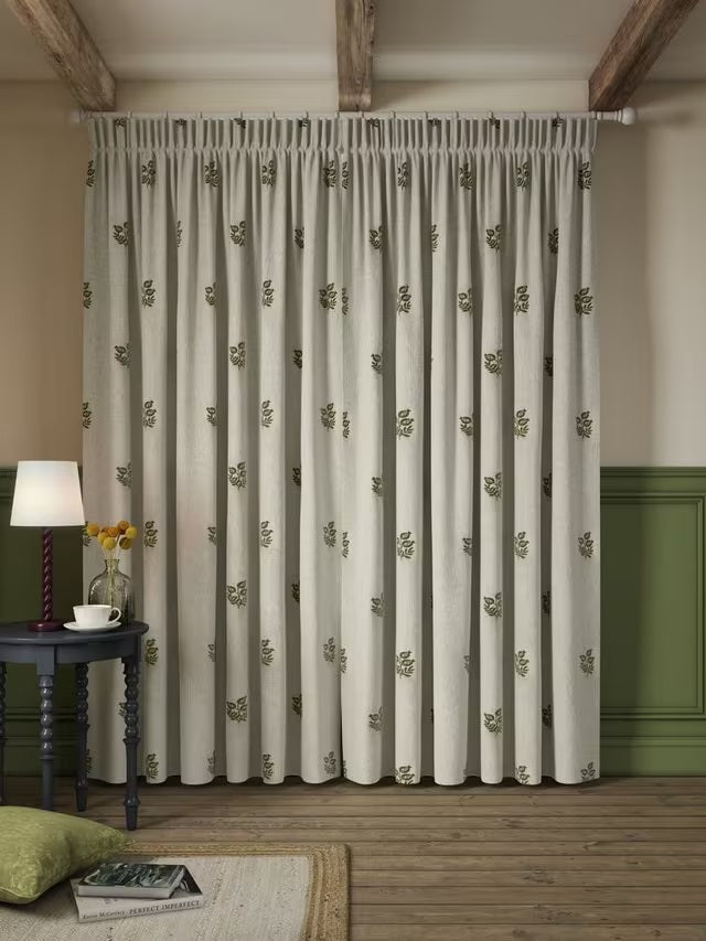John Lewis Embroidered Lined Pencil Pleat Curtains 167 x 182cm - Dark Olive