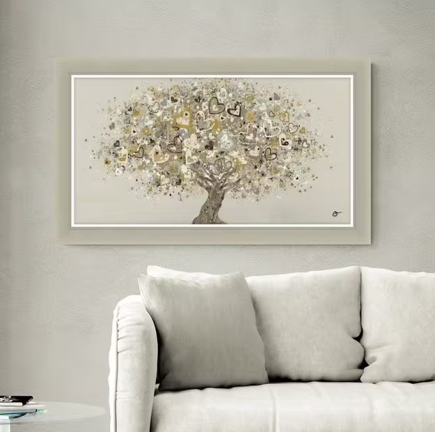 John Lewis Sara Otter Neutral Heart Tree Framed Print 72x122cm - Gold/Taupe