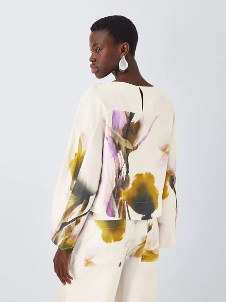 John Lewis Linen Tencel Wide Sleeve Floral Print Top - Violetta Bloom - UK 8