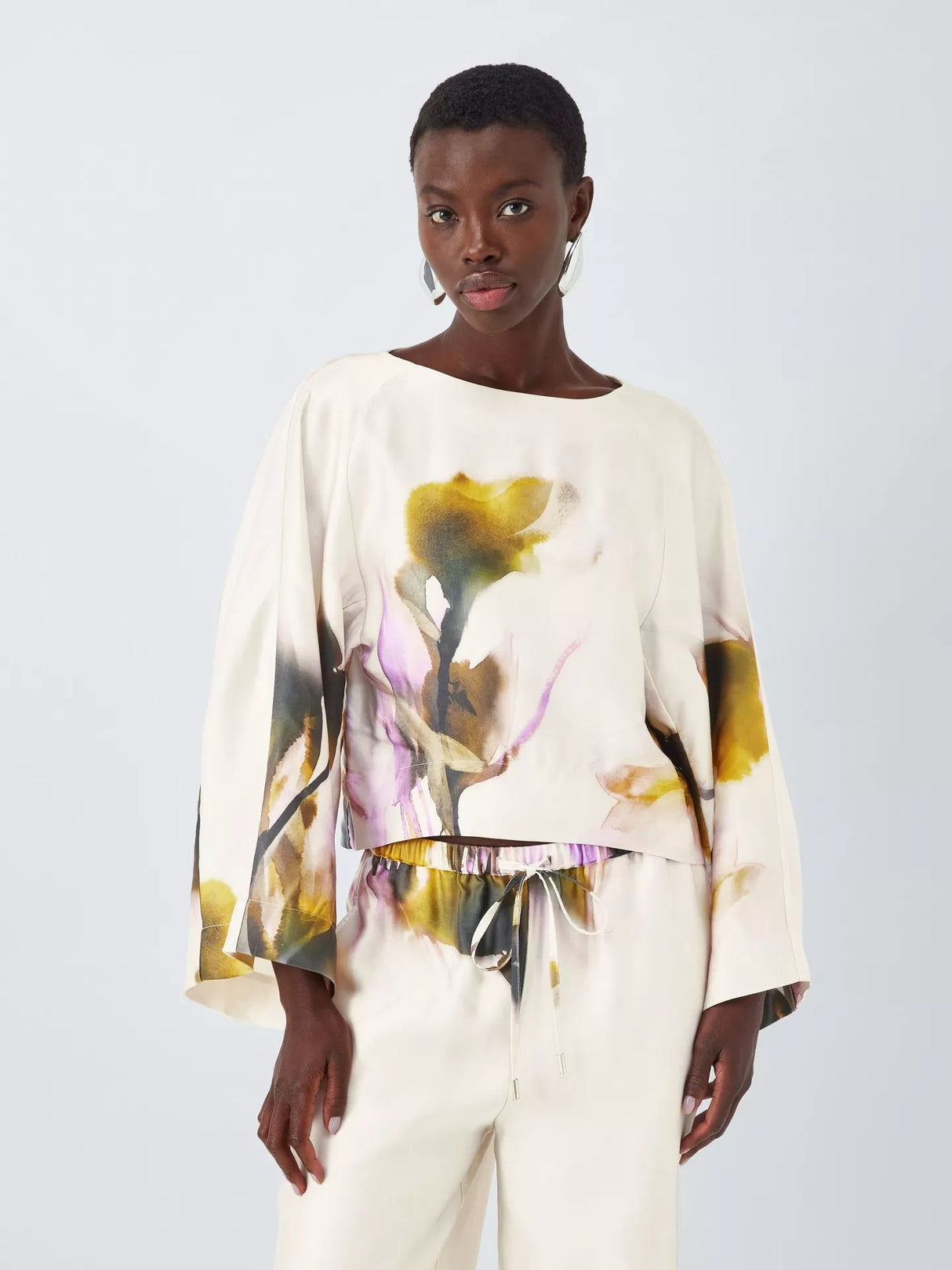 John Lewis Linen Tencel Wide Sleeve Floral Print Top - Violetta Bloom - UK 8